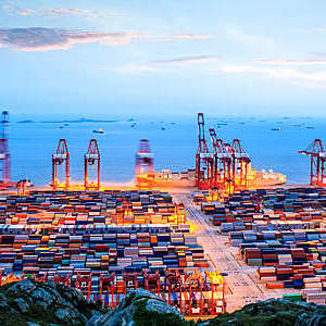 Container terminal in twilight.

