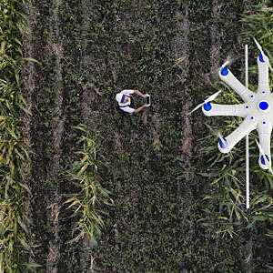Farmer using a drone to spray his crops.