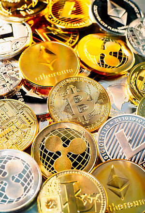 Coins of various cryptocurrencies.
