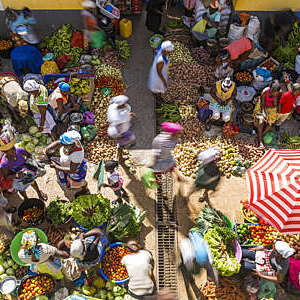 Bird’s eye view of a colourful, bustling vegetable market in Assomada, Santiago Island, Cape Verde.